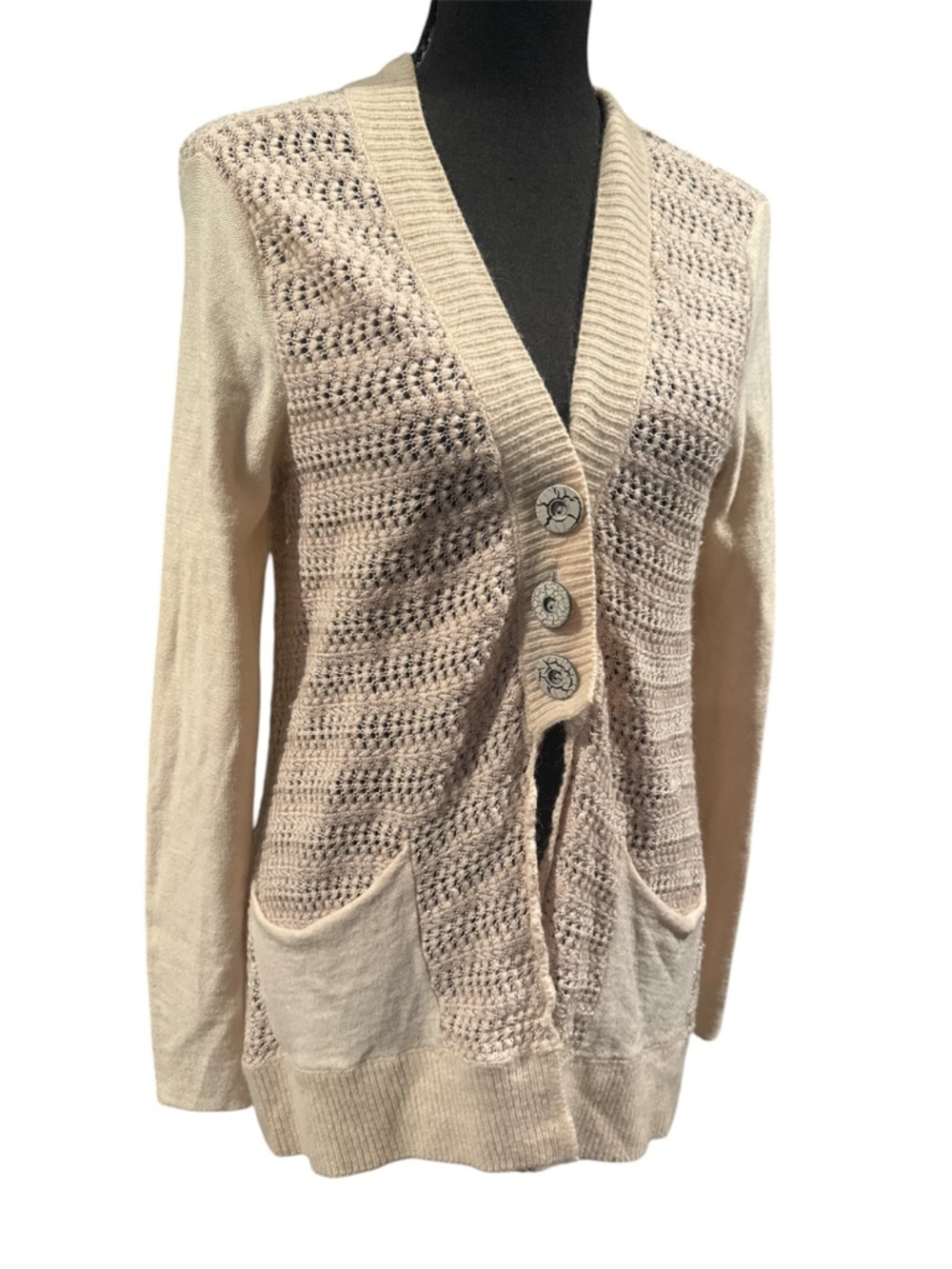 Free People Pale Pink Open-Knit Button Cardigan Sweater, Size S